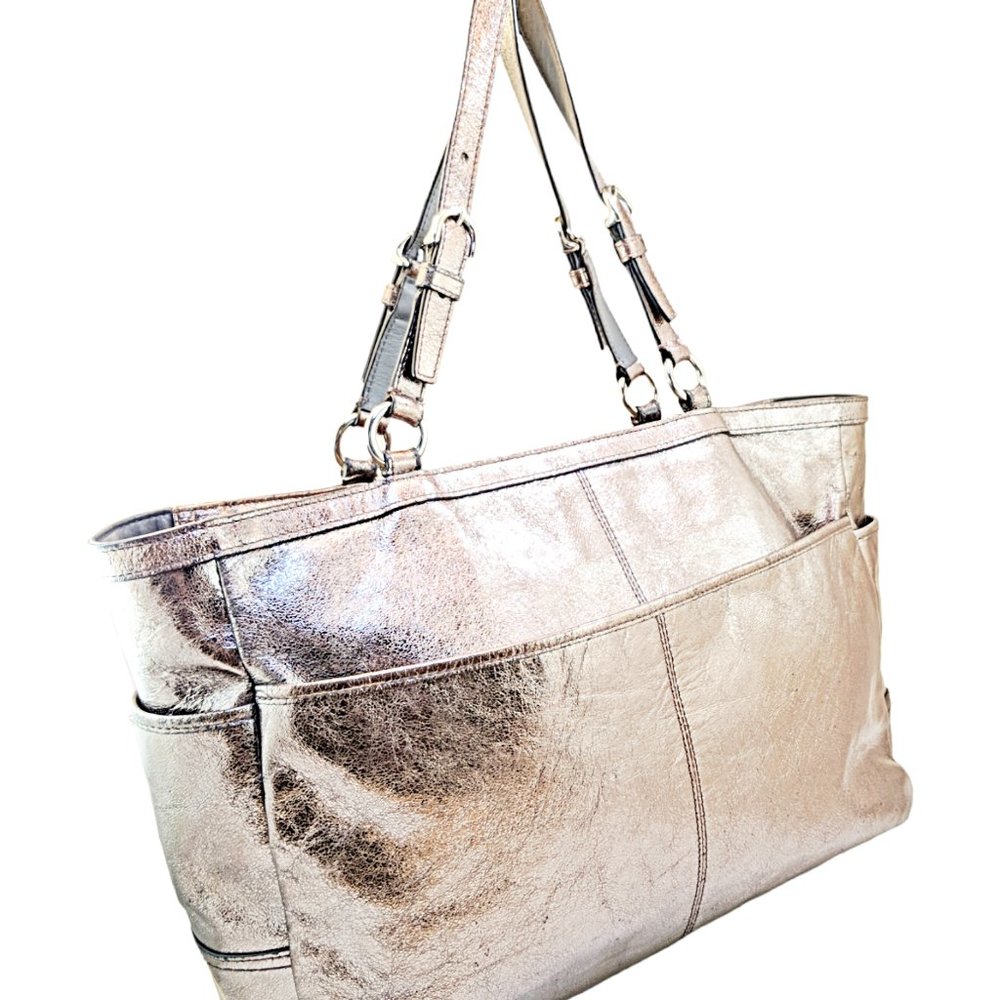 COACH Gallery East West Metallic Pewter Leather Shoulder Tote Bag F17722 - Picture 1 of 7
